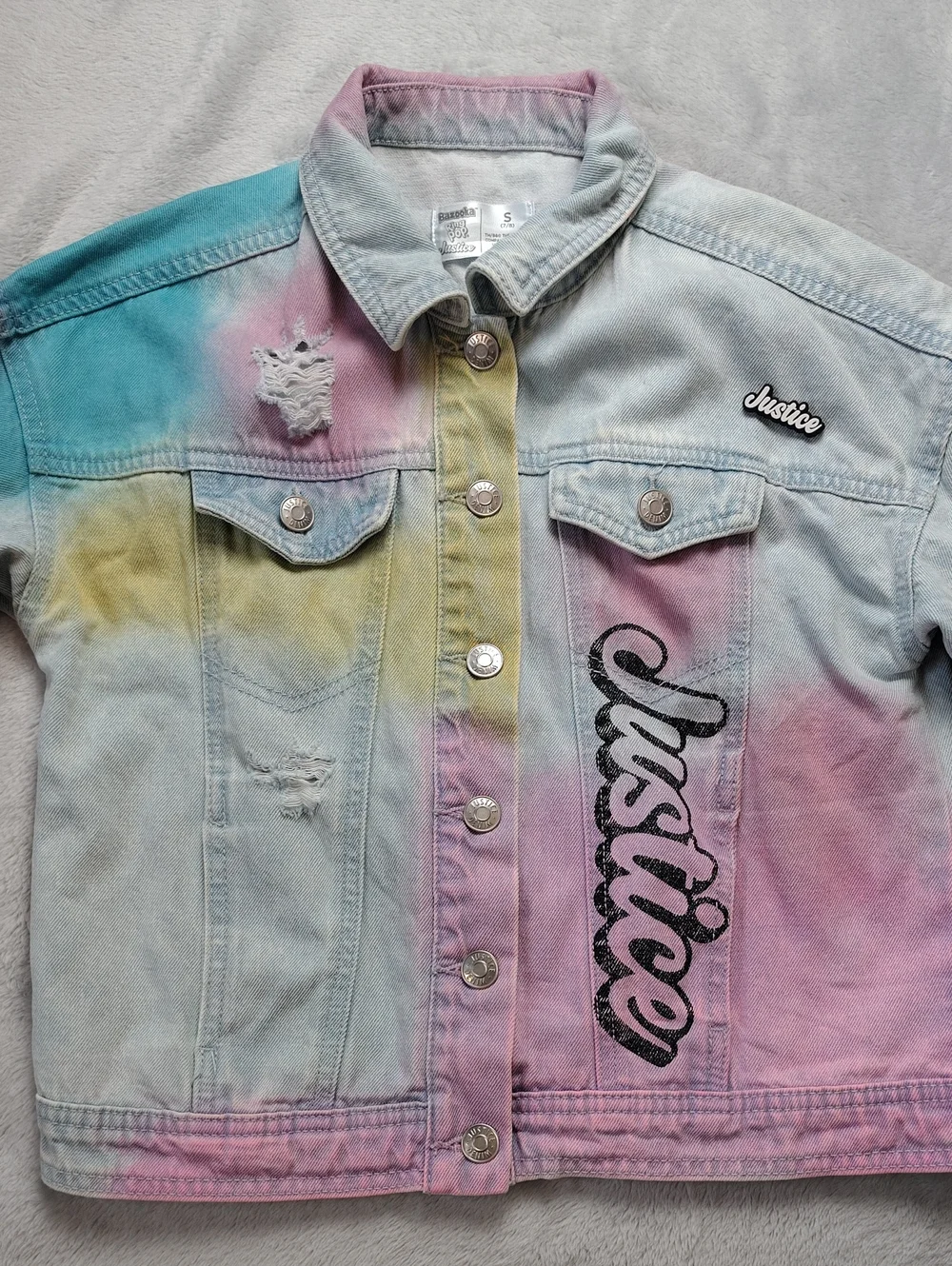 Justice Bazooka Gum Ring Pop Pastel Tie Dye 100% Cotton Denim Jacket Size 7/8